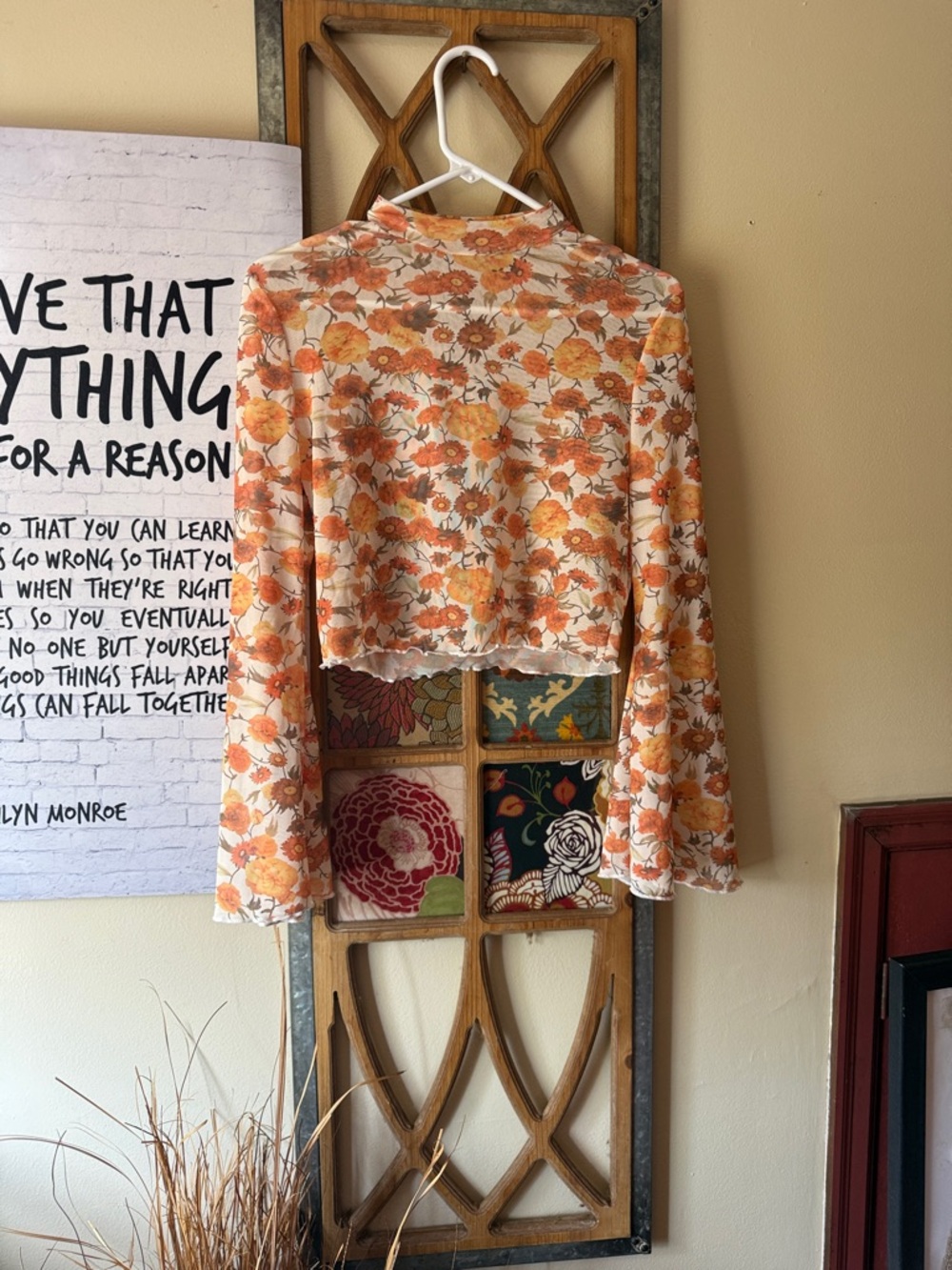 Floral Orange Cropped sheer mesh Long bell Sleeve Top
